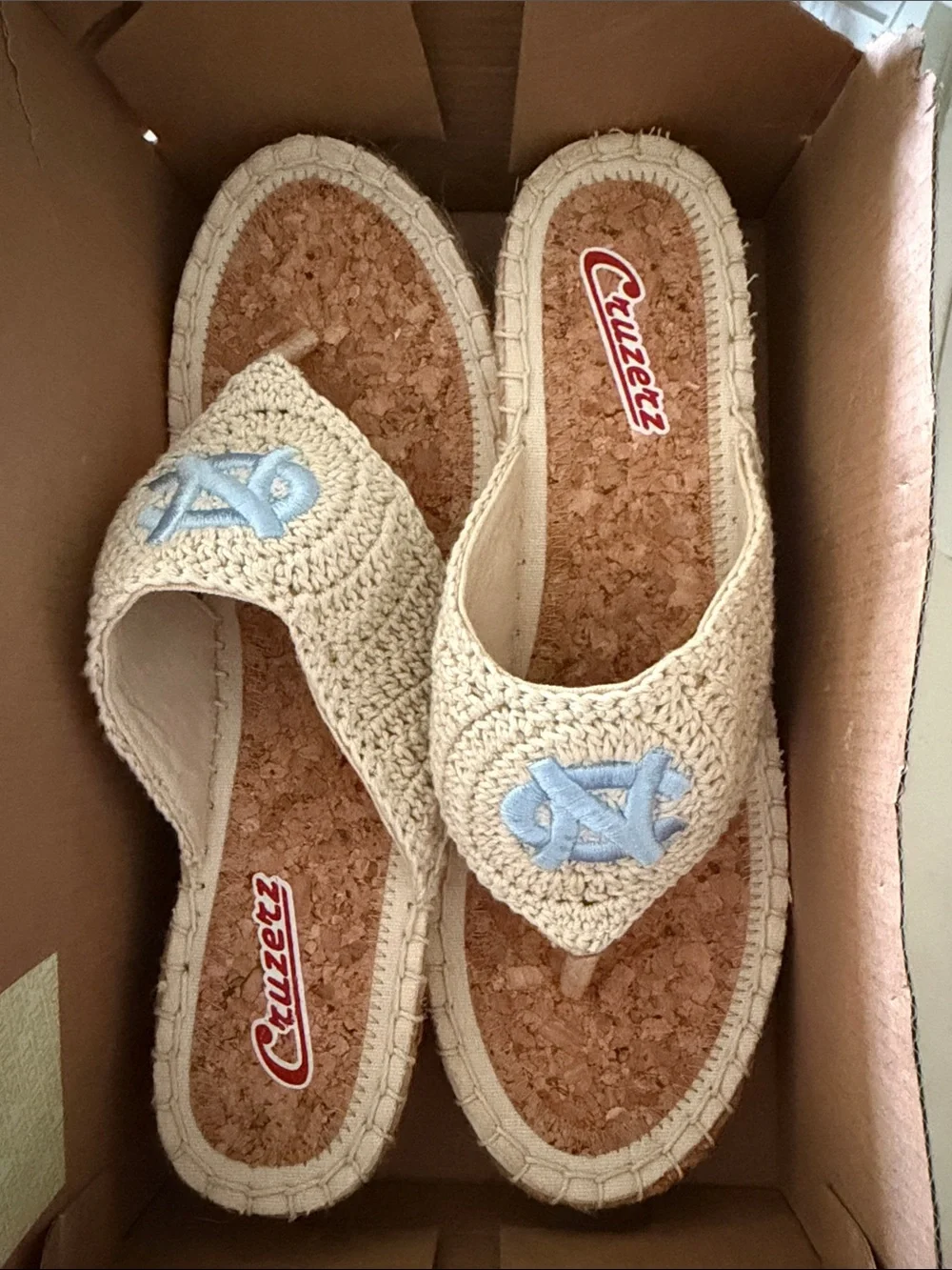Women's Crochet UNC Tarheel Thong Sandals in Natural w/Light Blue Embroidery
